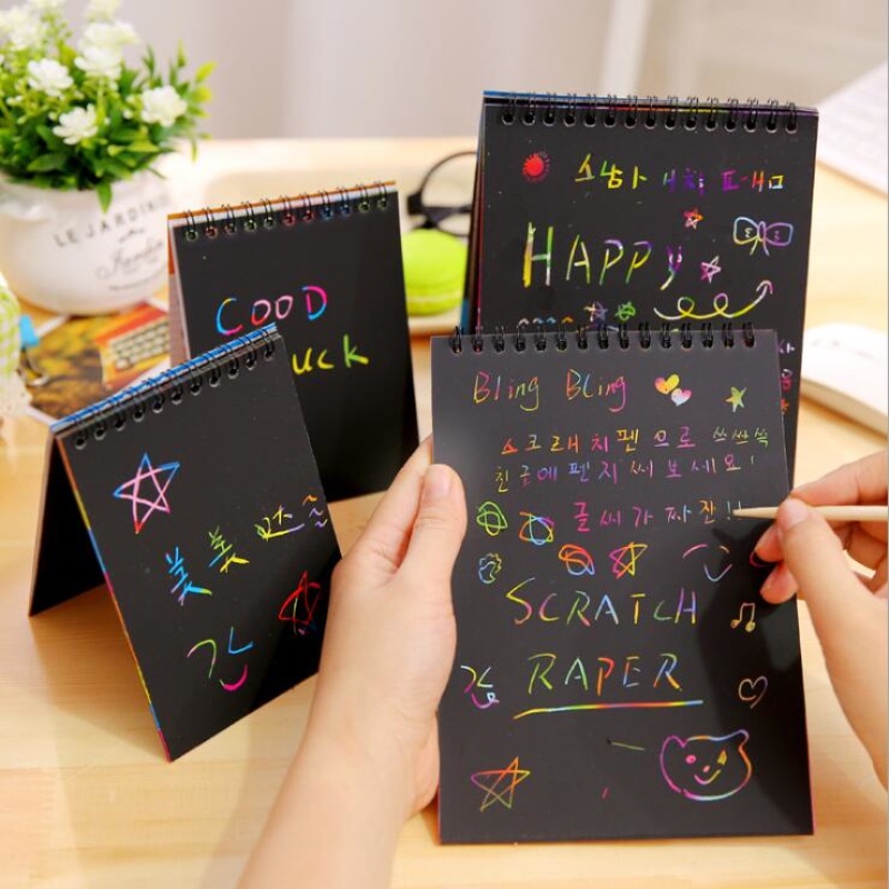 Anak DIY Scratch Painting Note Magic Rainbow Scraping Drawing Art Paper Dengan Graffiti Stensil Anak Notepad Mainan Alat Tulis