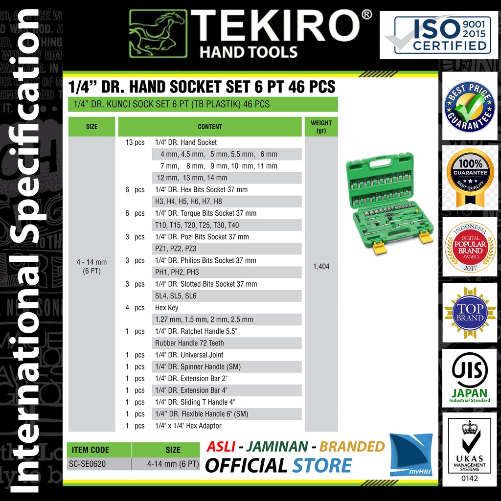 Kunci Set Soket Isi 46 pcs 1/4&quot; inch DR. 4 ~ 14 mm / Mata Socket + Gagang Sock Spanner TEKIRO