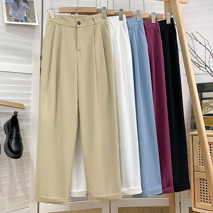 Hitam/Putih/Coklat/Khaki Highwaist Straight Loose  Kasual Celana Setelan Wanita Korean