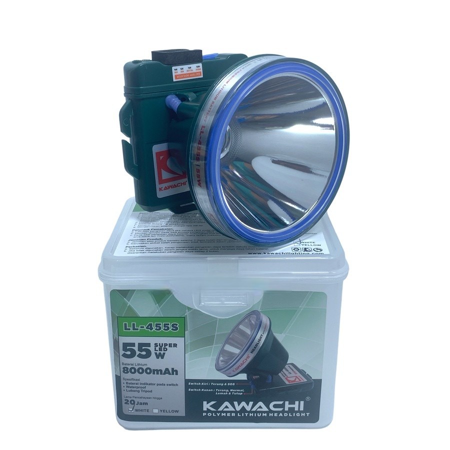 KAWACHI Senter Kepala 55 Watt LL- 455 S Polymer Lithium Waterproof | Senter Kepala Super LED 55 Watt Kawachi LL-455S | Senter Cas Kepala Headlamp Charge LED Waterproof Multifungsi Cahaya Super Terang | FMS