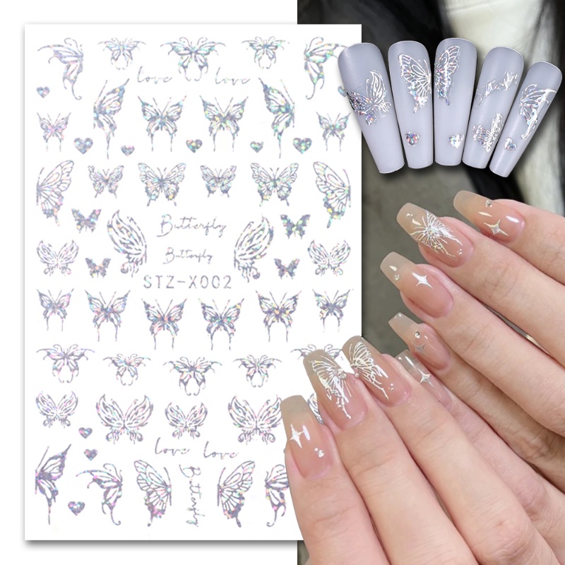 Aurora Perak DIY Kupu-Kupu Self-adhesive Nail Art Stiker 3D Reflektif Ular Naga Bintang Bulan Pola Hati Sparkly Decals Nail Art Dekorasi
