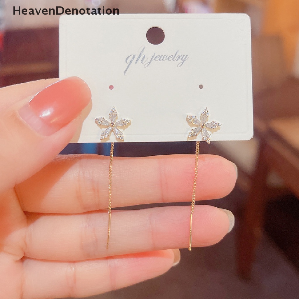 [HeavenDenotation] 1pasang Indah Mode Zirkon Bersinar Bunga Anting Cahaya Panjang Rumbai Rantai Menjuntai Anting-Anting Bermutu Tinggi Desain Perasaan Ornamen Perhiasan HDV