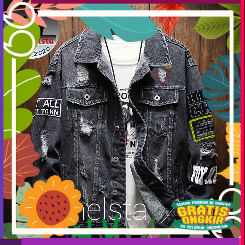 Jaket Bomber Jeans Emblem|Jaket Jeans Denim Musim Semi|Jaket Jeans Denim Casual Blue Jack / caramel 