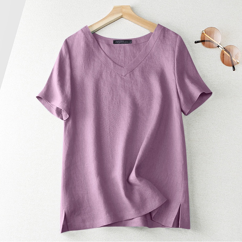 ZANZEA Women V Neck Short Sleeve Solid Color Casual Loose Blouse