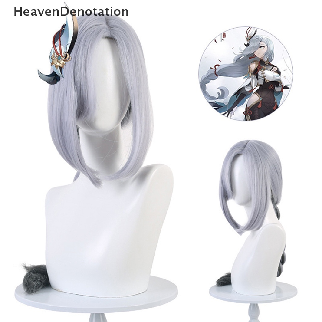 [HeavenDenotation] Game Genshin Impact Shenhe Cosplay Wig Warna Biru Putih Kepang Panjang Rambut 80cm HDV