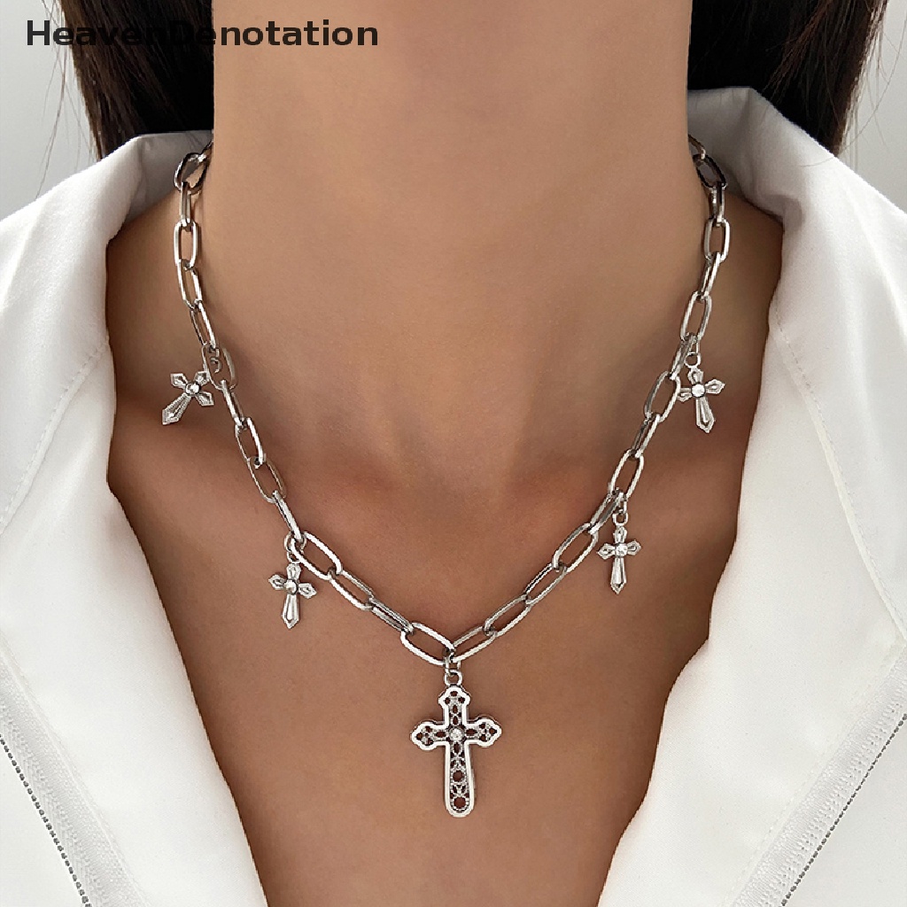 [HeavenDenotation] Fashion Retro Mutiara Kalung Salib Kristen Rantai Klavikula Manis Punk Liontin Untuk Wanita Pria Fashion Necklace Hadiah HDV