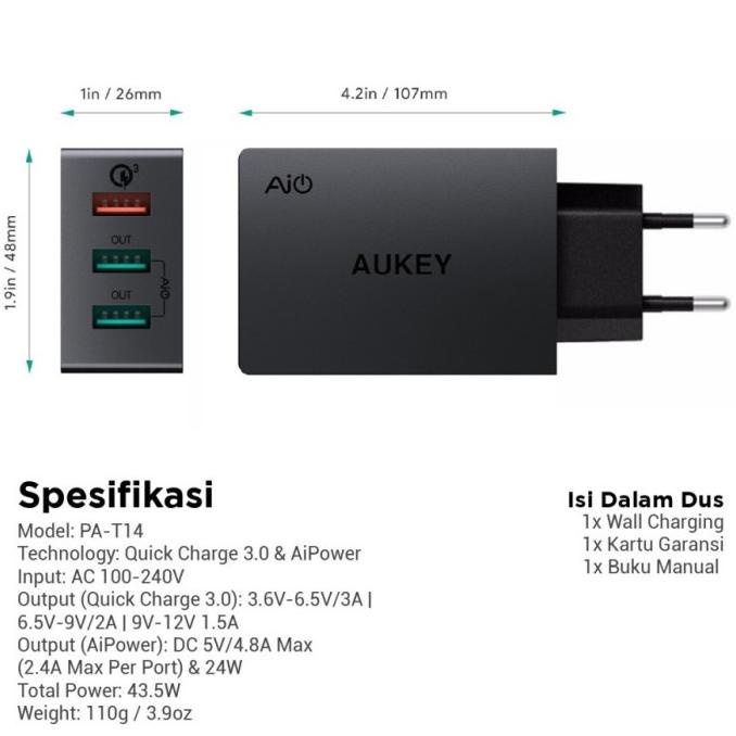 Aukey Charger 3 Port USB Quick Charge 3.0 Fast Charging PA-T14 casan aukey T14