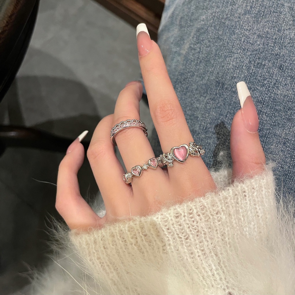 YEEZII Cincin Silver Zircon Pink Hati Kristal Pembukaan Adjustable Rings Untuk Aksesoris Perhiasan Wanita