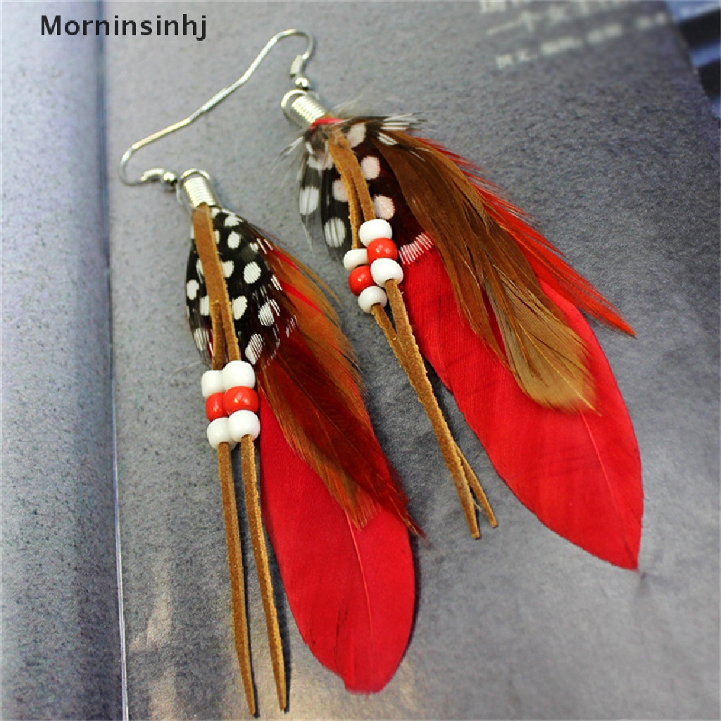 Mornin Fashion Rumbai Menjuntai Anting Bulu Manik Kulit Anting Indian Feathers id