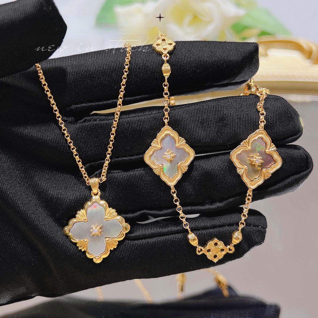 Goldkingdom Fashion Perhiasan Aksesoris Ready Stock Itali Burati Putih Fritillary Set French Vintage Four-leaf Clover Gelang Batu Akik Merah Kalung Cincin Telinga Giwang Perempuan