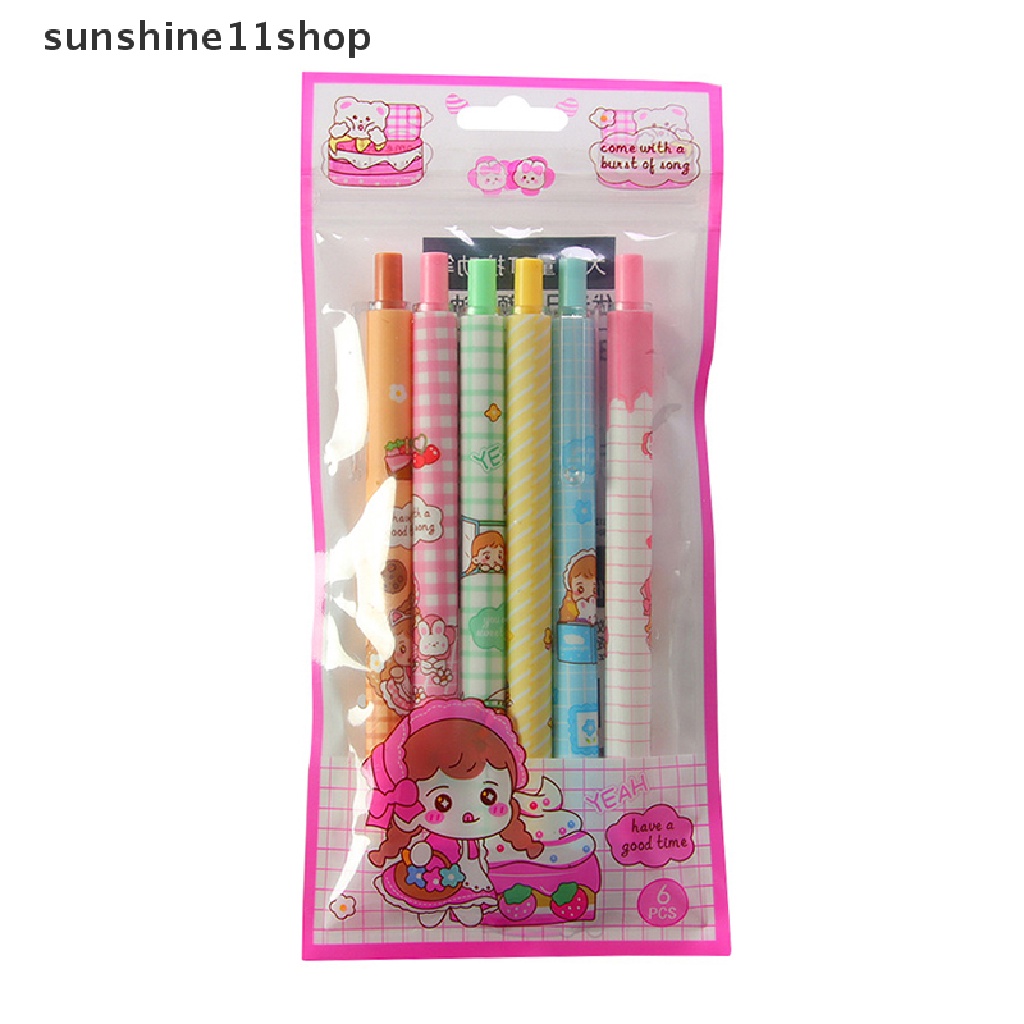 Sho 6Pcs Kawaii Gel Pen Set Kartun Tekan Bolpoin Lucu 0.5mm Hitam Tinta Pulpen Untuk Siswa Alat Tulis Kantor Perlengkapan Sekolah N