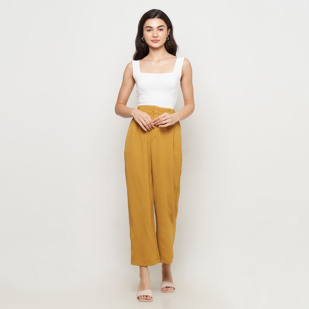 SECANTIK - CELANA KULOT LOOSE PANTS HIGH WAIST BAHAN CEY AIRFLOW CRINKLE WARNA MUSTARD