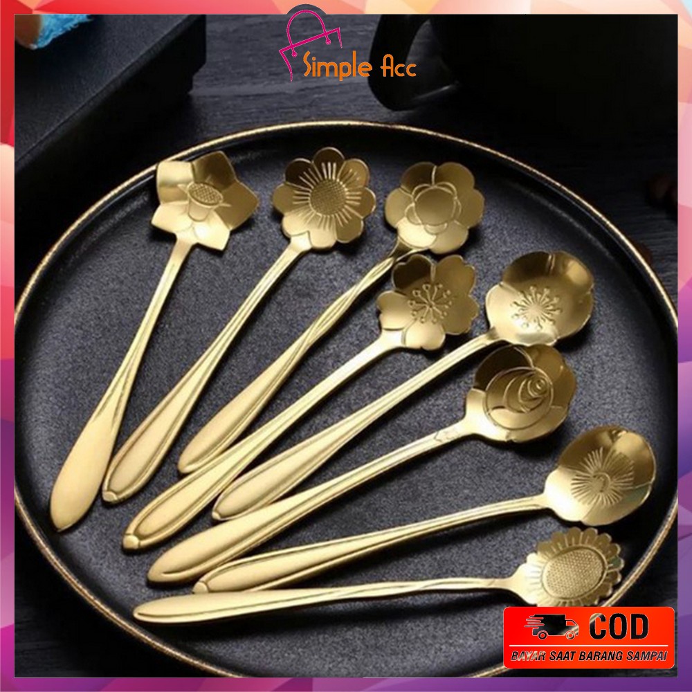 DO-C766 Sendok Korea Teh Kopi Kecil Stainless Steel Motif Love Elegant Warna Gold / Sendok Bunga Emas Spoon Dessert Import