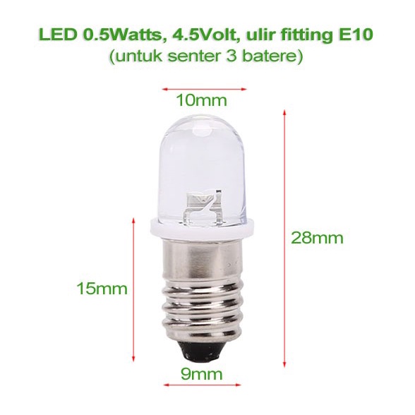 ___] Bohlam Ulir E10 LED 0.5W 4.5V - Bohlam Pengganti Senter Lama - 3 Batre