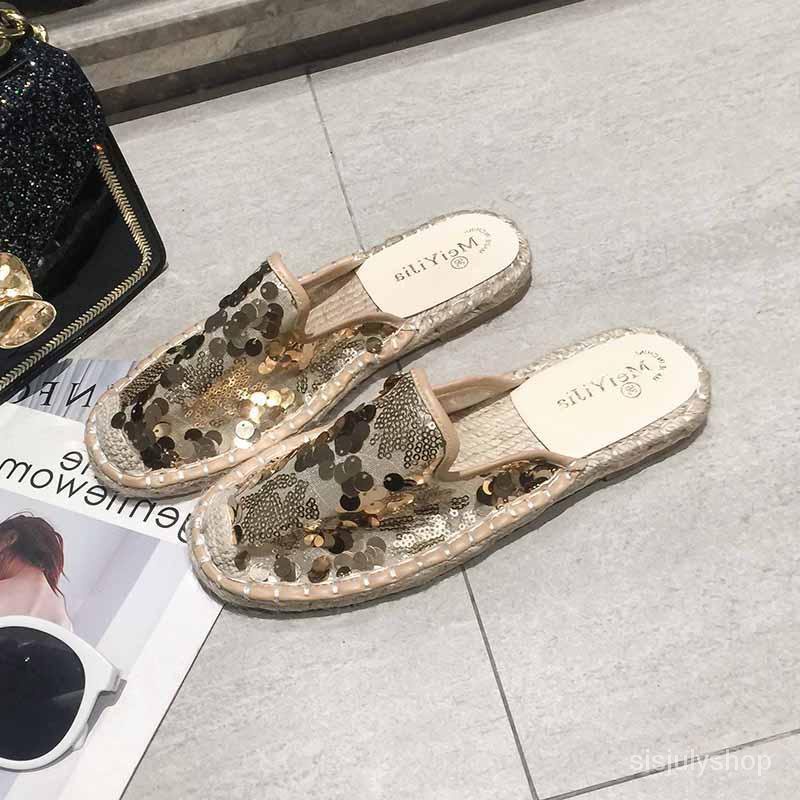 #Sisjuly# Sandal wanita baru bawah datar wanita retro paket kepala setengah sandal fashion payet sep