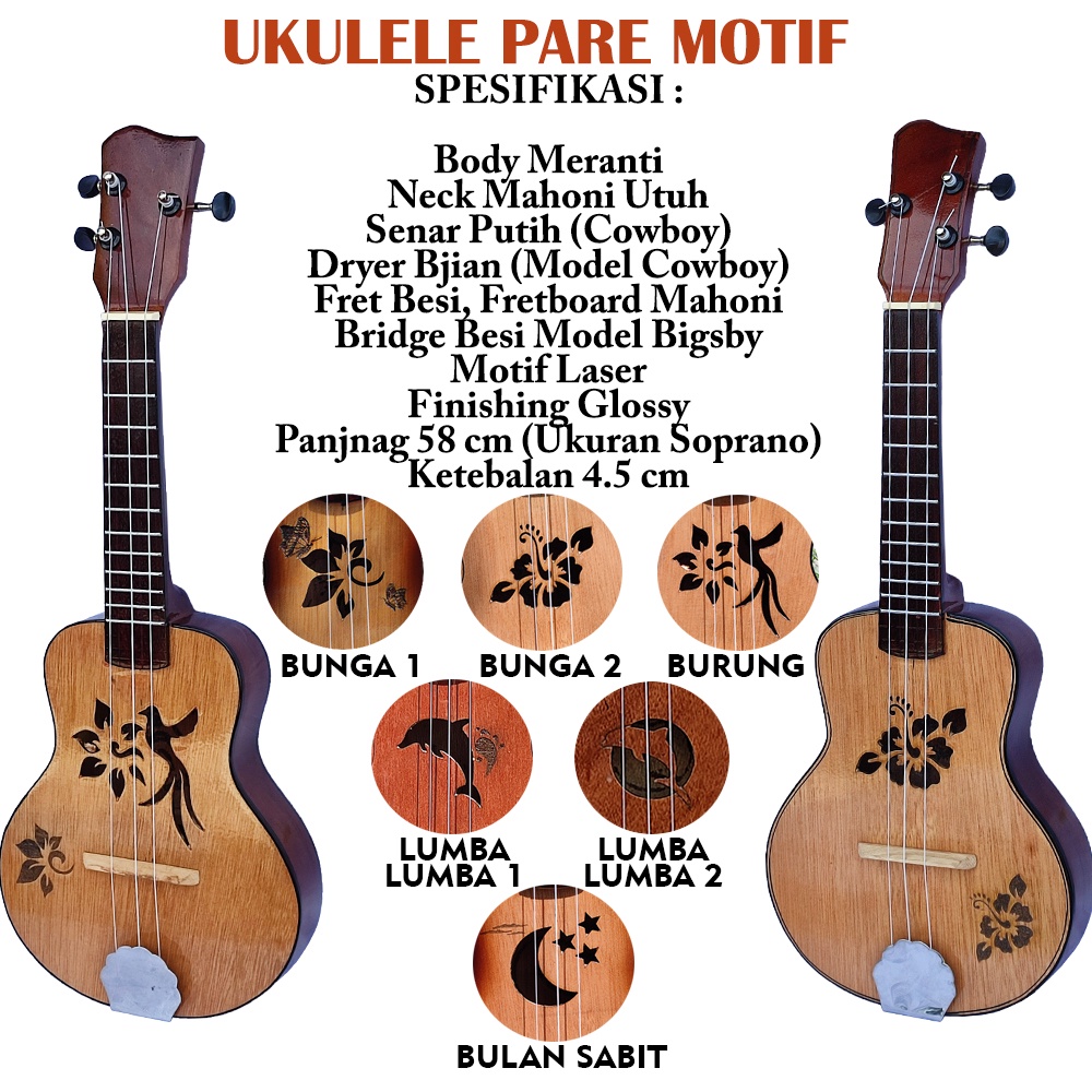 Ukulele Pare Motif Senar 4 dan 3 Murah Bahan Kayu