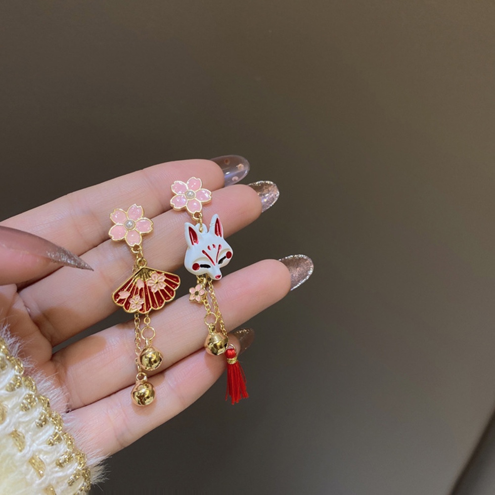 Lucky Bell Vintage Rubah Lucu Kartun Anting Asimetris Baru Temperamen Tren Anting Hewan Fashion Berbentuk Kipas Anting Paduan