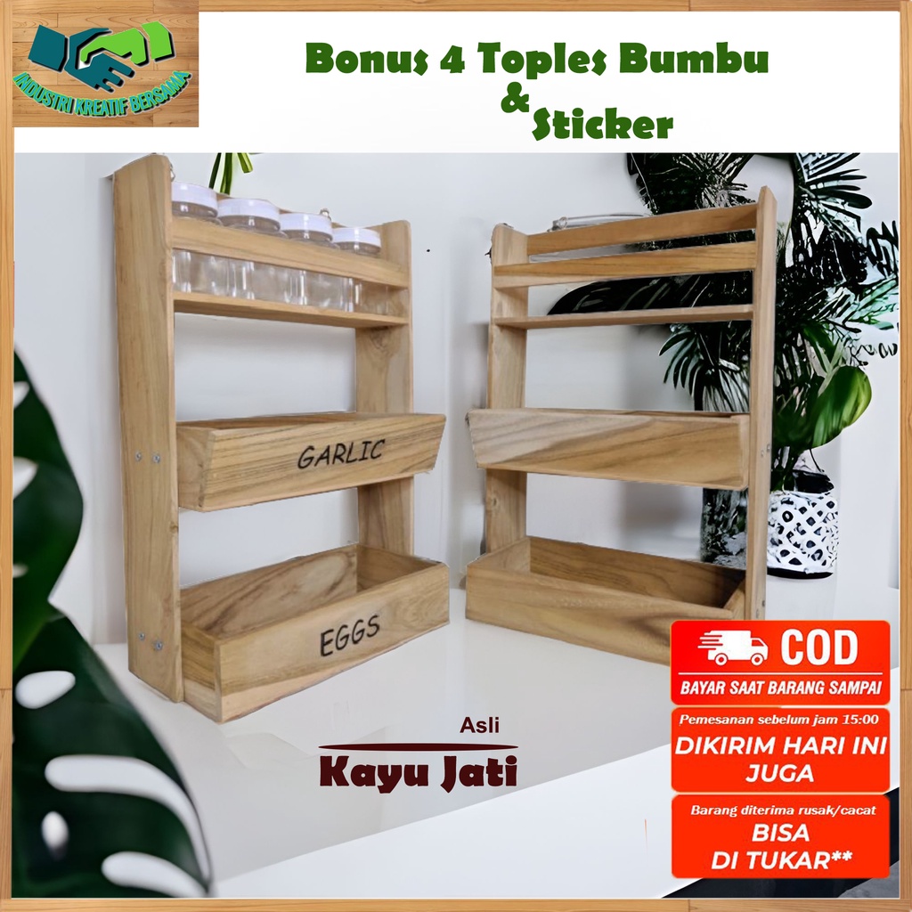 BAHAN KAYU JATI RAK BUMBU DAPUR KOMBINASI  / TEMPAT BAWANG / SUSUN / TINGKAT / KEKINIAN BONUS TOPLES