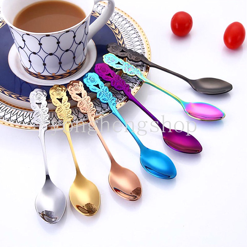 Kreatif Bentuk Bunga Mawar Handle Sendok Garpu Buah Stainless Steel Cutleries Kopi Teh Sendok Pengaduk Es Krim Sendok Dessert Spoon Tableware