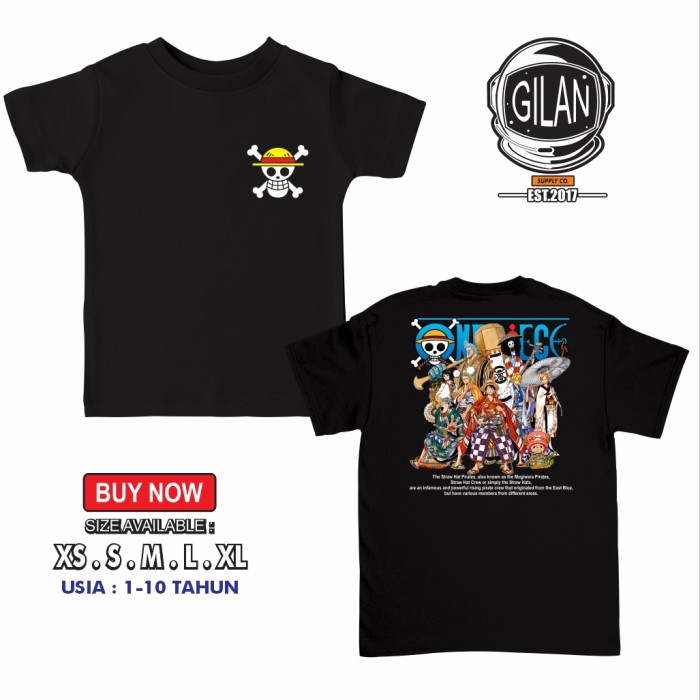 Kaos Baju Anak Anime ONE PIECE ARC WANO MUGIWARA STRAWHAT LUFFY PIRATE - V1 HITAM, XS (1-2 TAHUN)