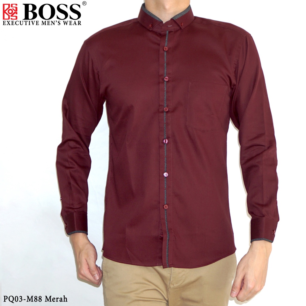 BOSS Kemeja Polos Pria Cotton Pique Kombinasi List Tengah Lengan Panjang Slim Fit PQ03 Merah Maroon