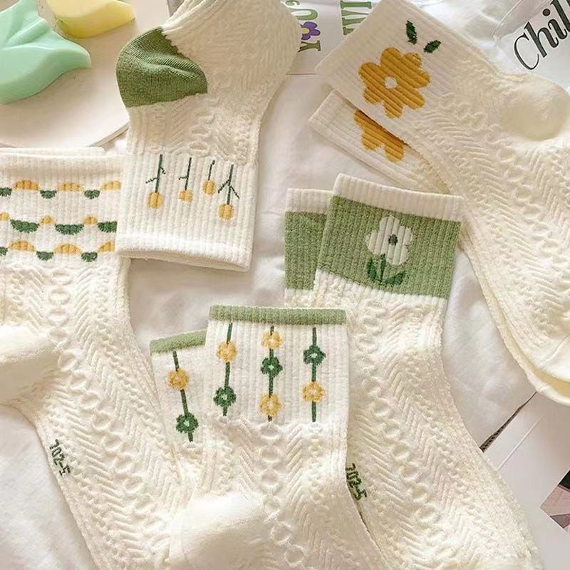 [littlecrab] Kaos Kaki Knit Hijau Bunga Daun Base Putih Cream Import Sock High Quality Cute Soft Green Korean Style