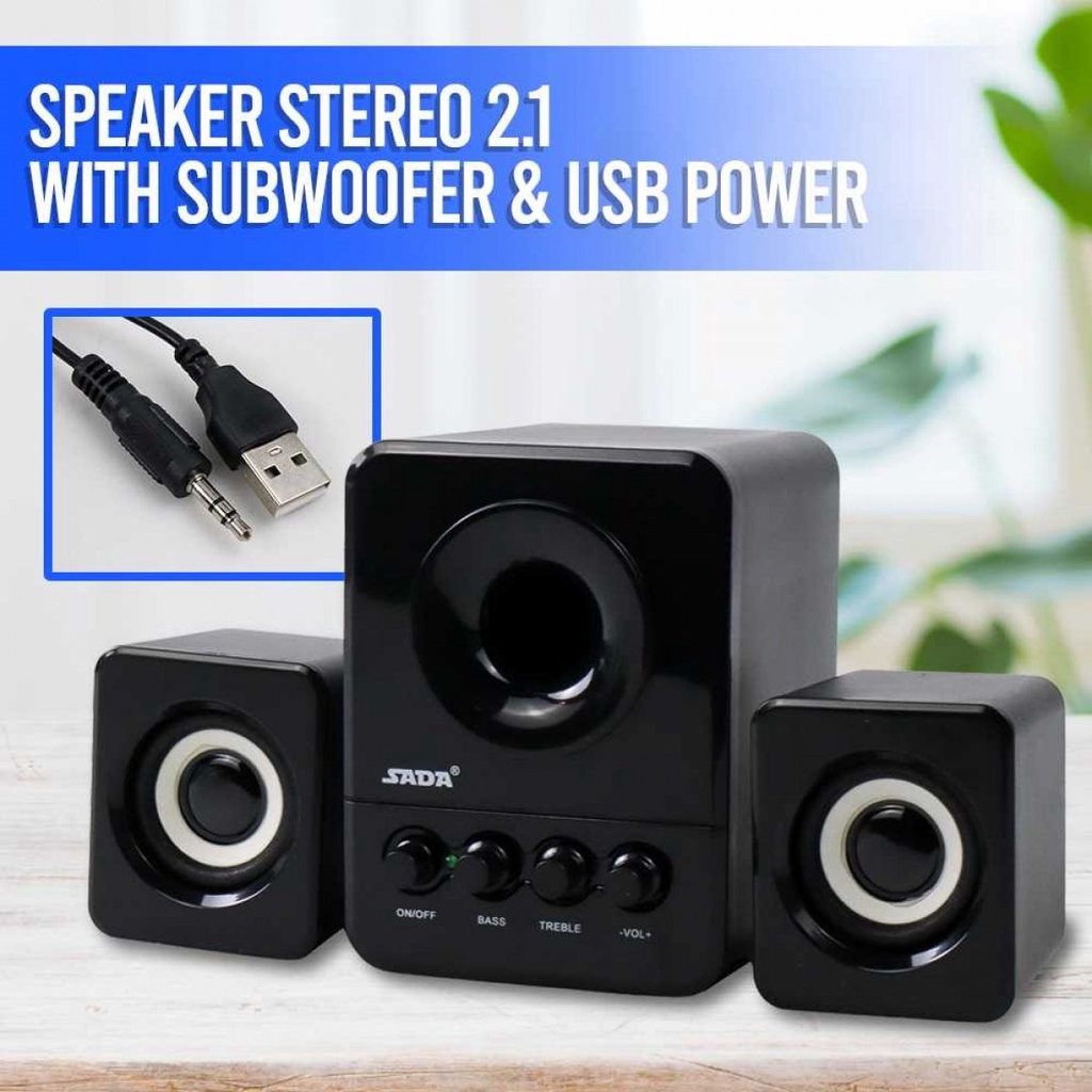 Speaker Stereo Multimedia 2.1 Subwoofer Power Bass USB 3W