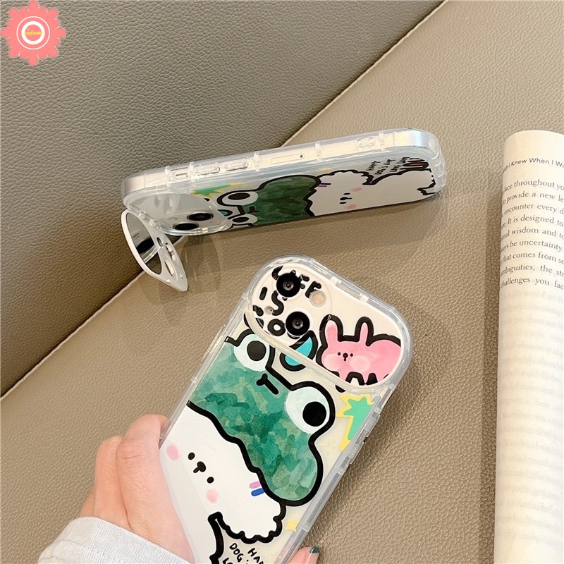 IPHONE Kreatif Flip Make Up Cermin Graffiti Case Kompatibel Untuk Iphone11 12 13 14 Pro MAX 7Plus 8Plus XR 14 Plus X XS MAX SE 2020 Lucu Kartun Hewan Kodok Anjing Kelinci Soft Case