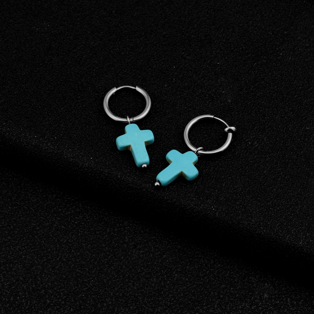 Turquoise Cross Unik Niche Ringan Mewah Baja Titanium Anting Klip Telinga Pria Wanita Earrings