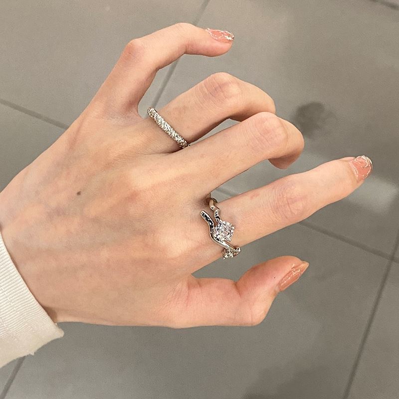 Cincin Perak Zirkon Pembukaan Geometris Tidak Teratur Perempuan Cincin Berlian Lamaran Korea