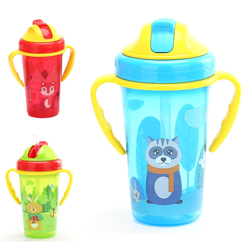 ღ Kartun Anak-anak Botol Air dengan Jerami Hewan Kartun Anak-anak Bayi Straw Cup Dapat Digunakan Kembali Tahan Bocor Cangkir untuk Anak-anak Botol Air anak Belajar Minum Cangkir