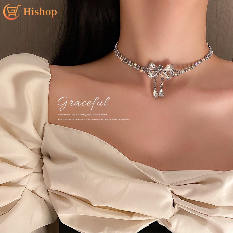 Kalung Permata Busur Mewah Untuk Wanita Perak Kristal Klavikula Rantai Choker Perhiasan Aksesoris