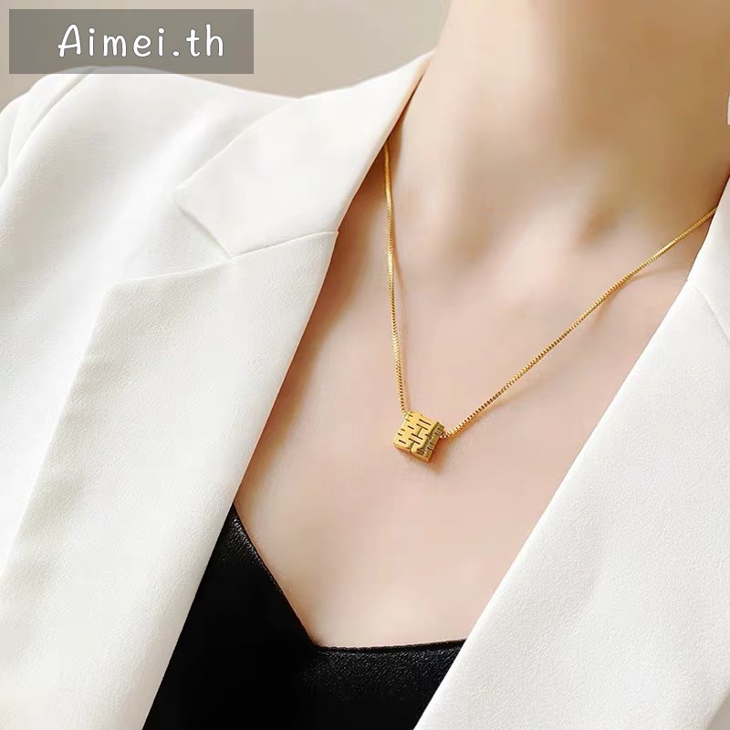 Kalung Rantai Klavikula Model Hollow | Kalung Liontin Kebahagiaan Ganda Warna Emas | Aksesoris Bahan Titanium Steel 18k Warna Rose Gold | Perhiasan Bahan Stainless Steel Untuk Hadiah