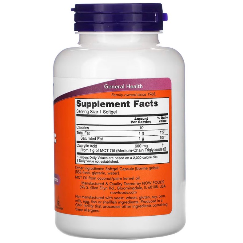 Now Food Caprylic Acid 600 mg 100 Softgel MCT Oil ORI USA
