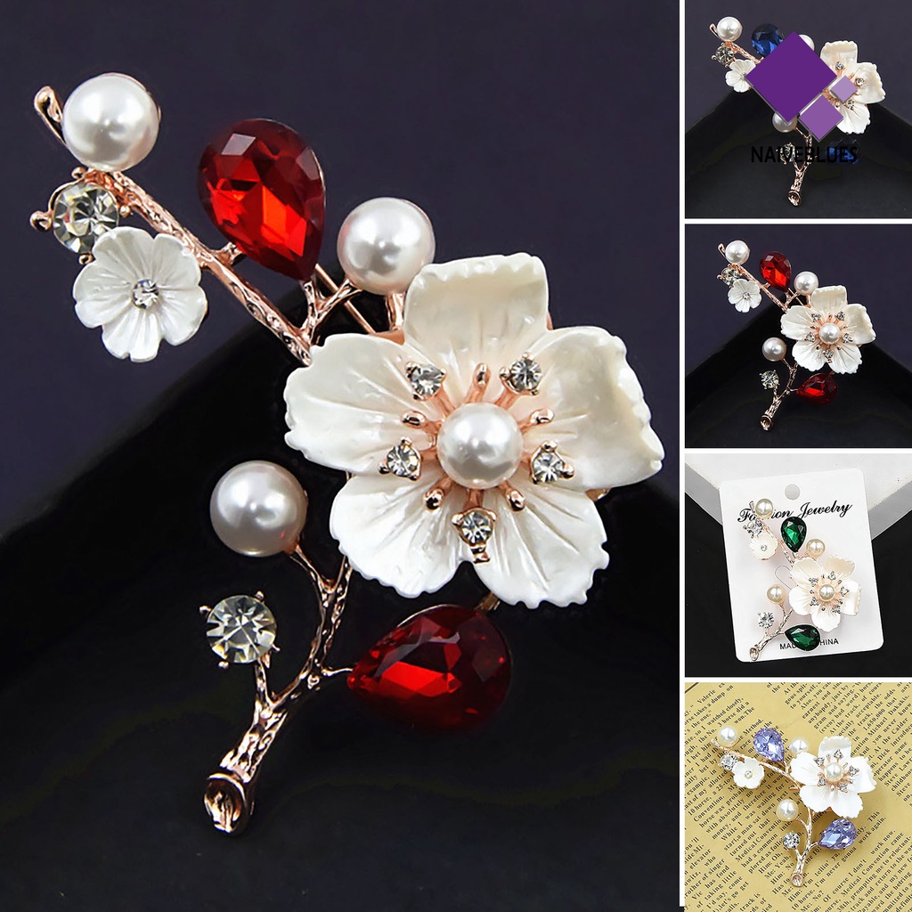 &lt; Naiveblues &gt; Mutiara Imitasi Kerang Hadiah Pernikahan Elegan Plum Blossom Berlian Imitasi Lapel Kostum Aksesoris