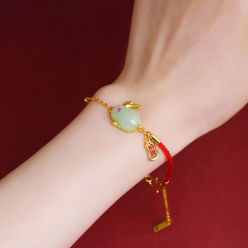 Goldkingdom Perhiasan Fashion Emas Asli Kadar 375Bangkok Aksesoris Ready Stock Retro National Style Na Kelinci Lucu Gelang Fu Wanita Tali Merah Rantai Permata