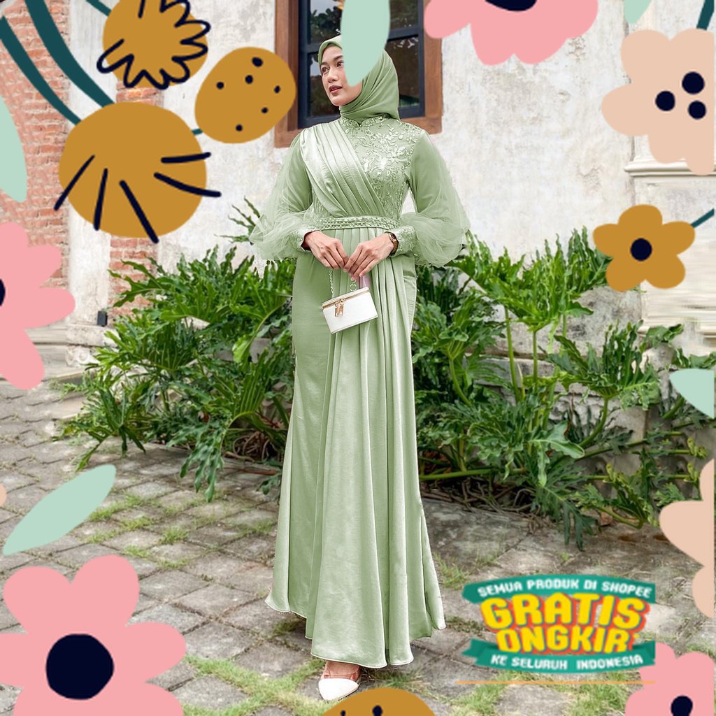 AZKANA BATIK - Gamis Brukat Maxi Dress Auliya Lengan Panjang Baju Kondangan Wanita Kekinian Dress Br