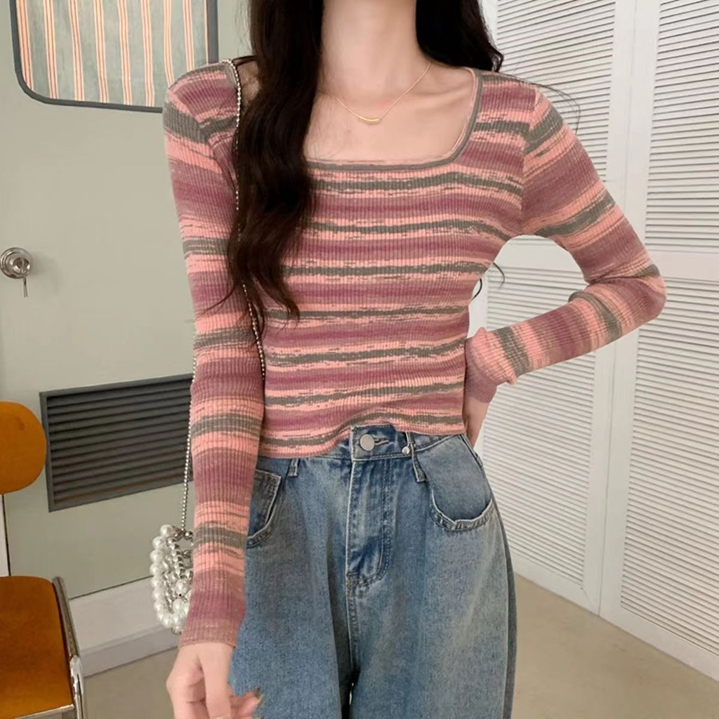 Stripe Shirt Baju Crop Lengan Panjang Wrap Top Baju Inner Rajut