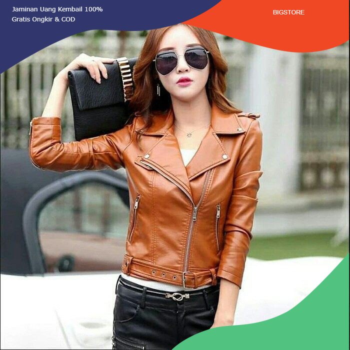 Jaket Kulit Wanita Motor Tan Coklat