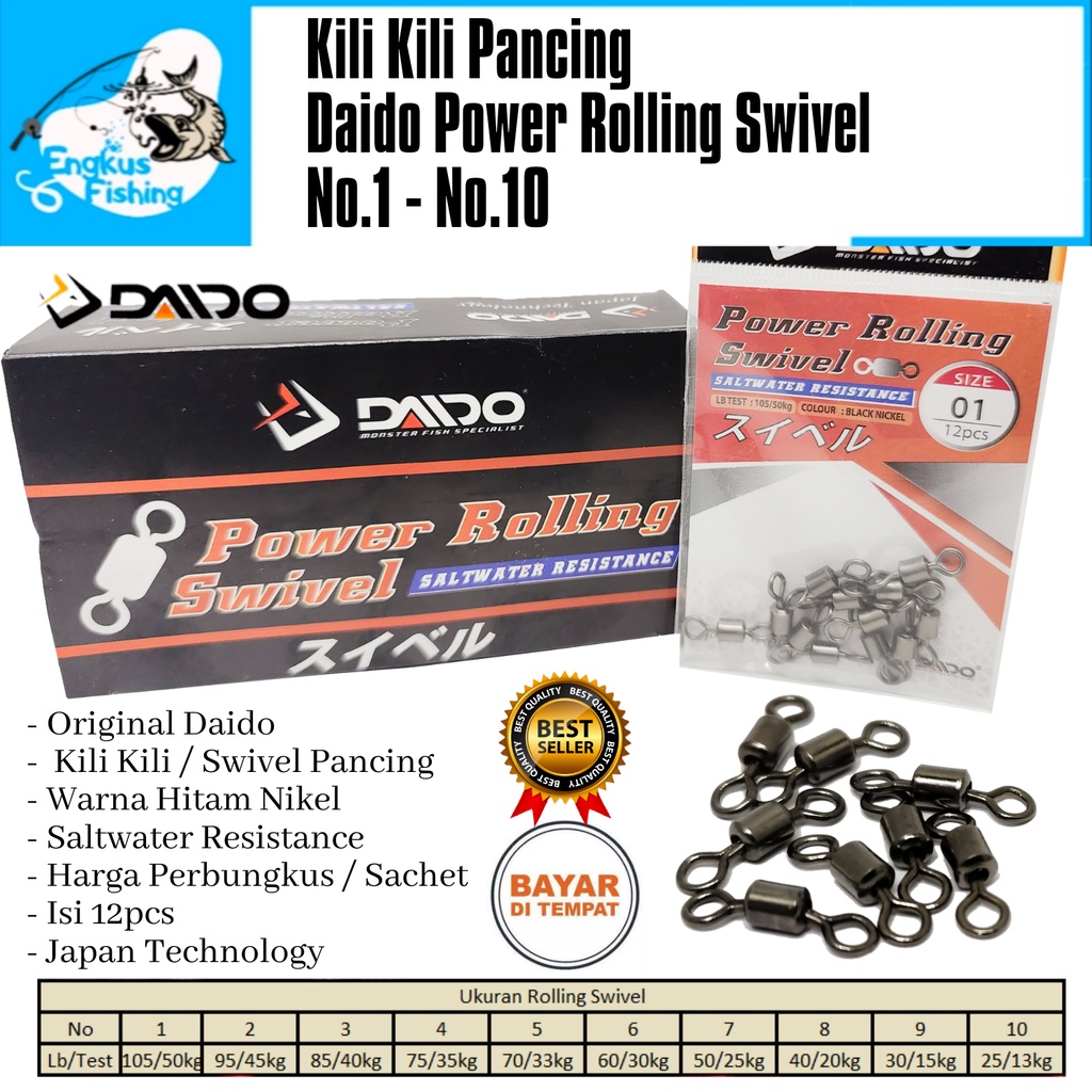 Kili Kili Pancing Daido Power Rolling Swivel No.1 - No.10 (Water Resistance) Murah - Engkus Fishing