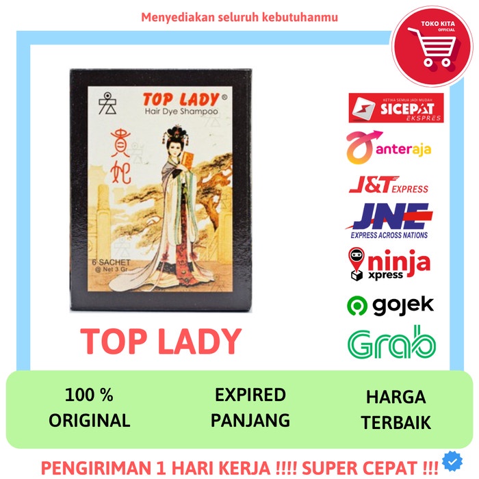 TOP LADY HAIR DYE SHAMPOO 1 BOX ISI 6 PCS SEMIR CAT RAMBUT HITAM 15 ML