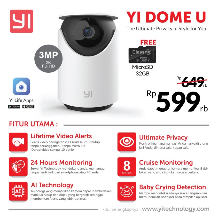 CCTV Xiaomi Yi Dome Camera U 3MP Face Detection IP Camera Garansi 1th