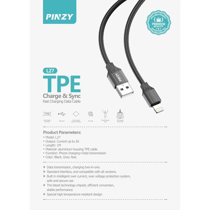 Kabel Data PINZY Seri 27 Material Alumunium TPE Support Fast Charging