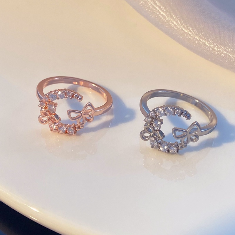 Cincin Kupu-Kupu Bulan Berlian Korea Ins Fashion Rose Gold Berongga Butterfly Adjustable Ring