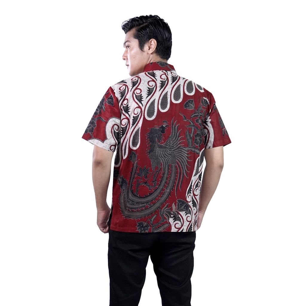 Couple Batik Dress Wanita Hem Pria Lengan Pendek Batik Merak Merah