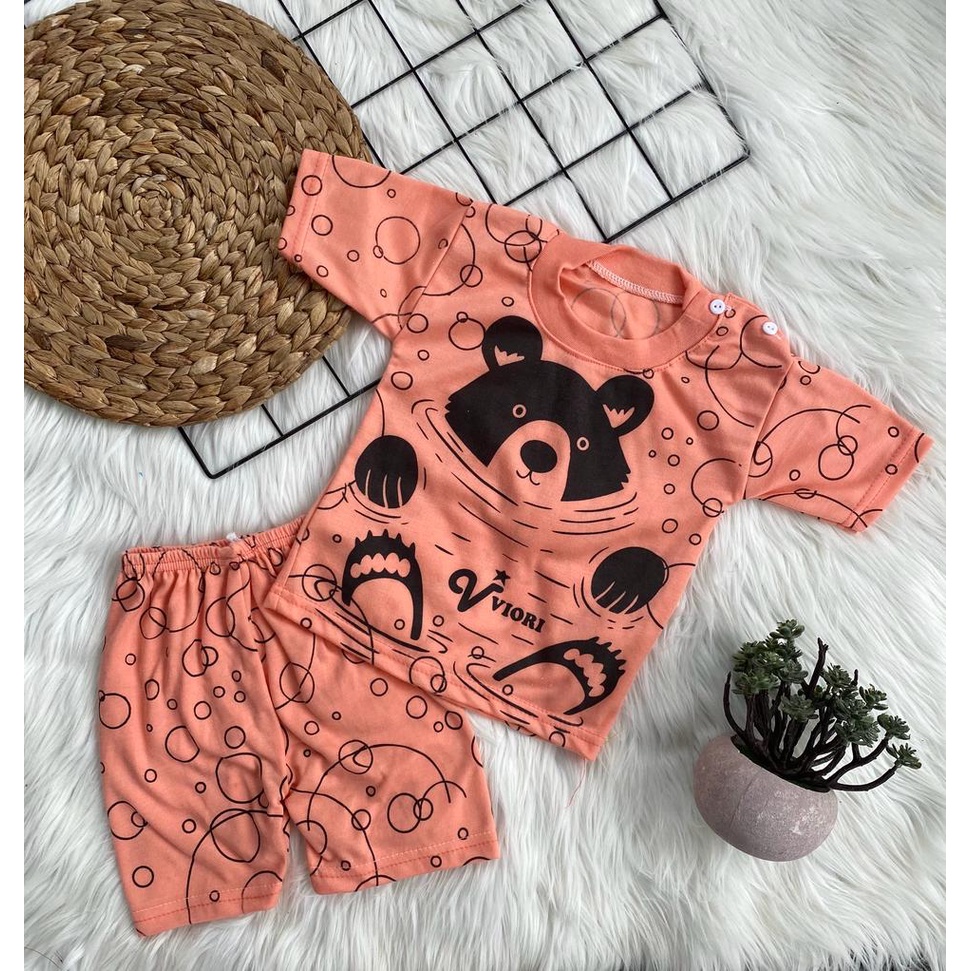 setelan baju anak laki-laki/perempuan lengan pendek lucu murah motif swimming bear 3-18 bulan