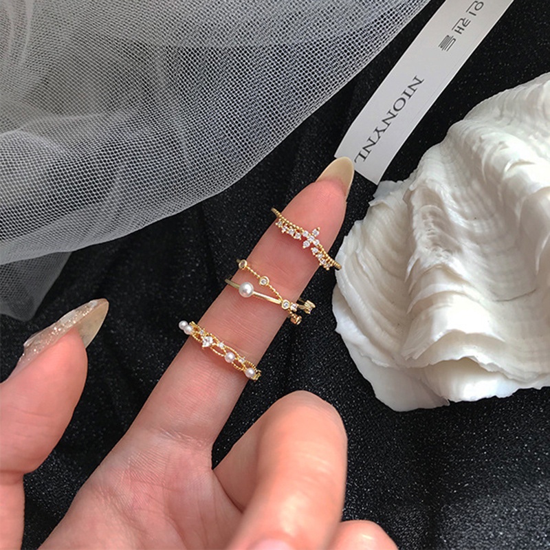 Cincin Terbuka Emas Elegan Cincin Berongga Kristal Mutiara Untuk Perhiasan Aksesoris Fashion Wanita