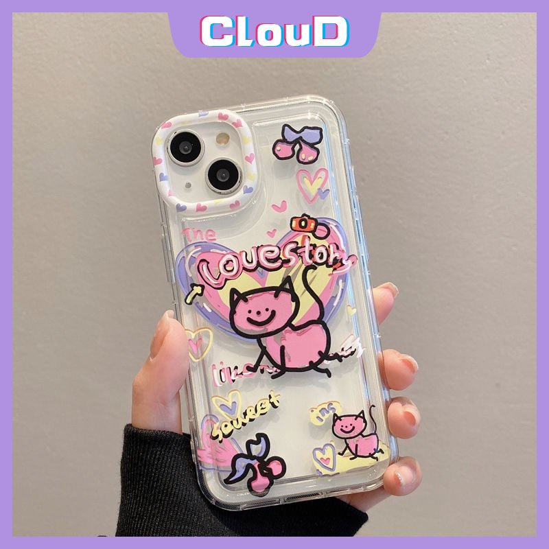 IPHONE Lucu Kartun Cinta Hati Kucing Ponsel Jernih Case Kompatibel Untuk Iphone11 13 12 14 Pro Max7 8 6s 6 Plus XR X XS Max SE 2020 Lembut Silicon TPU Airbag Shockproof Ins Graffiti Cover