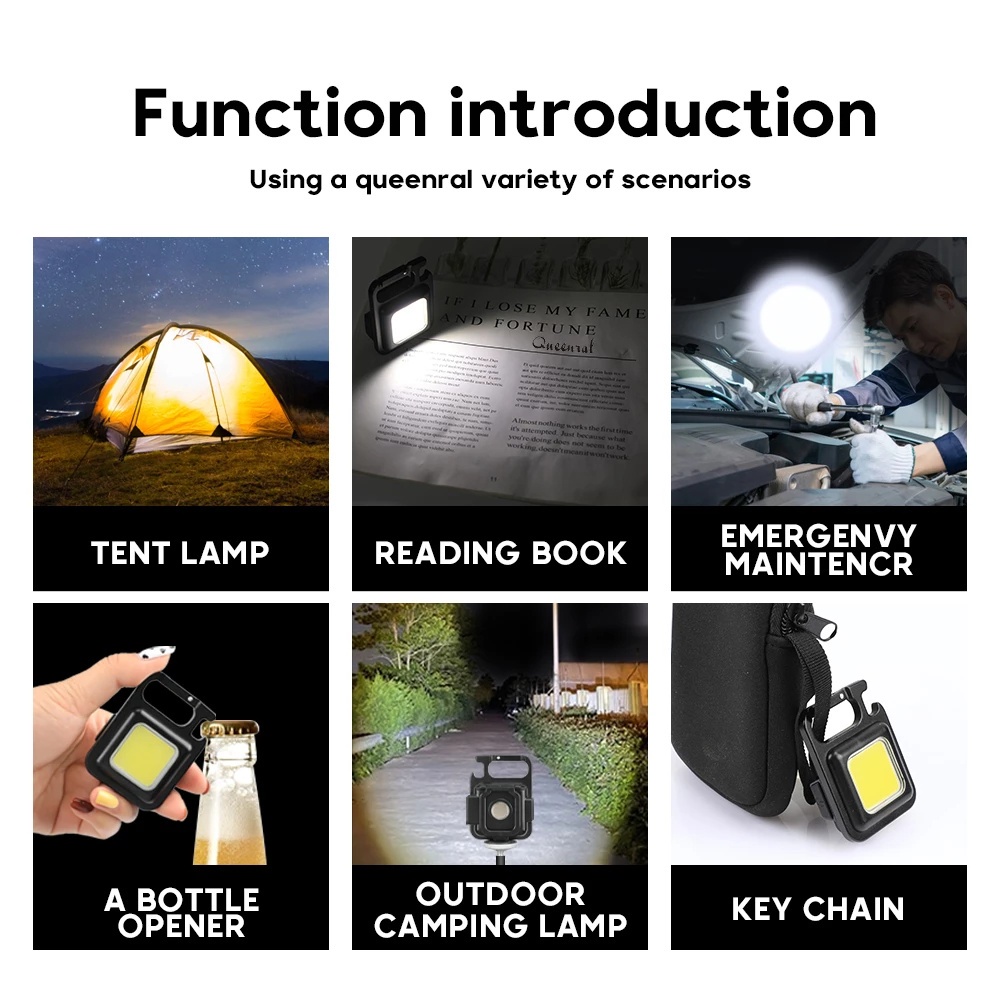 Tahan Air 3mode Portabel Untuk Hiking, Survival, Emergency COB Senter Outdoor Emergency Light Senter Gantungan Kunci Mini Senter Super Terang Multifungsi USB LED Lampu Kerja Magnet