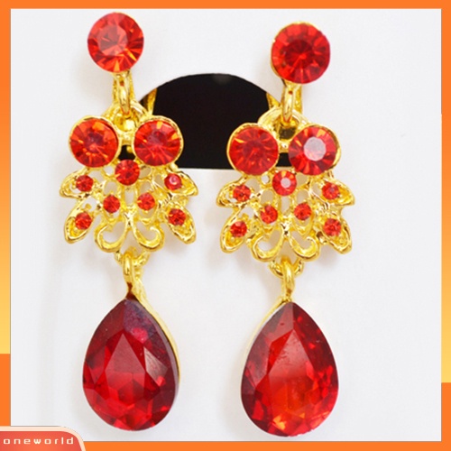 Set Anting Kalung Pengantin Pesta Pernikahan Liontin Alloy Warna Merah Emas